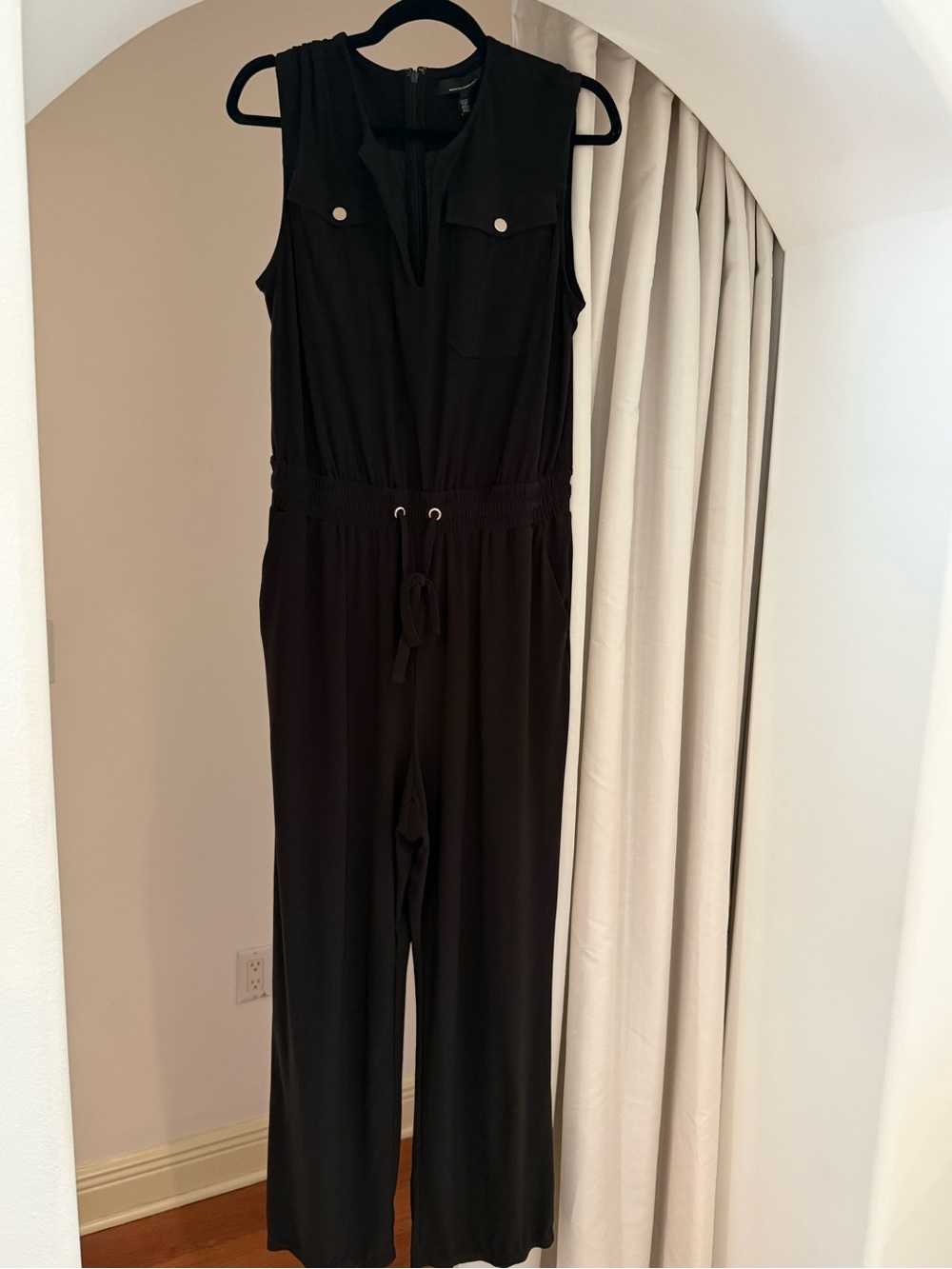 WHBM Stretchy Sleeveless Black Drawstring Jumpsuit